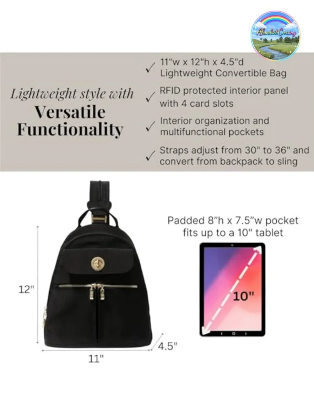 Baggallini Naples Convertible Backpack Travel Sling Crossbody Nylon RFID Padded